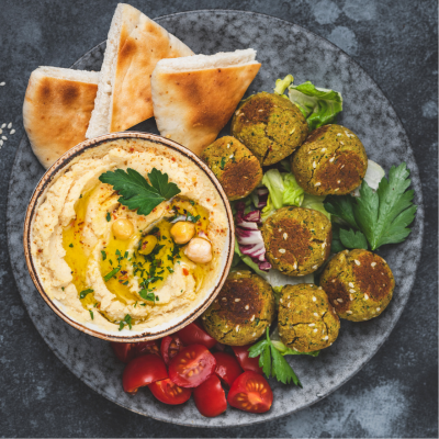 Falafel with Hummus in a plate with pits bread made from organic ingredients