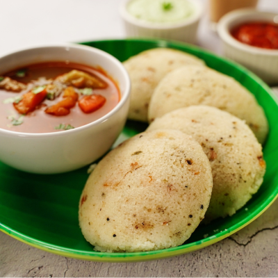 Rava idli made from organic rava, semolina with sambar
