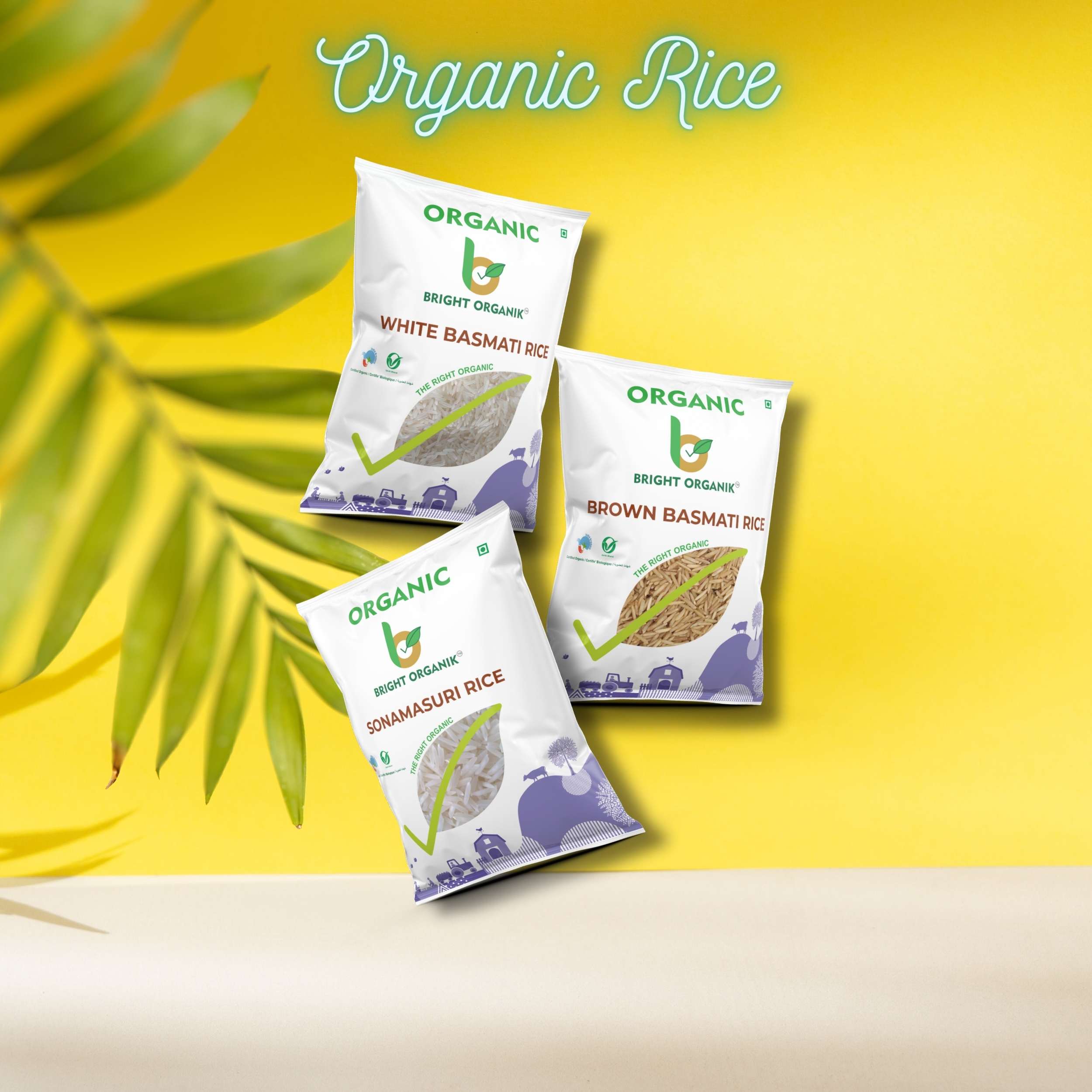 Organic rice pouches mockup basmati, brown basmati and sonamasuri