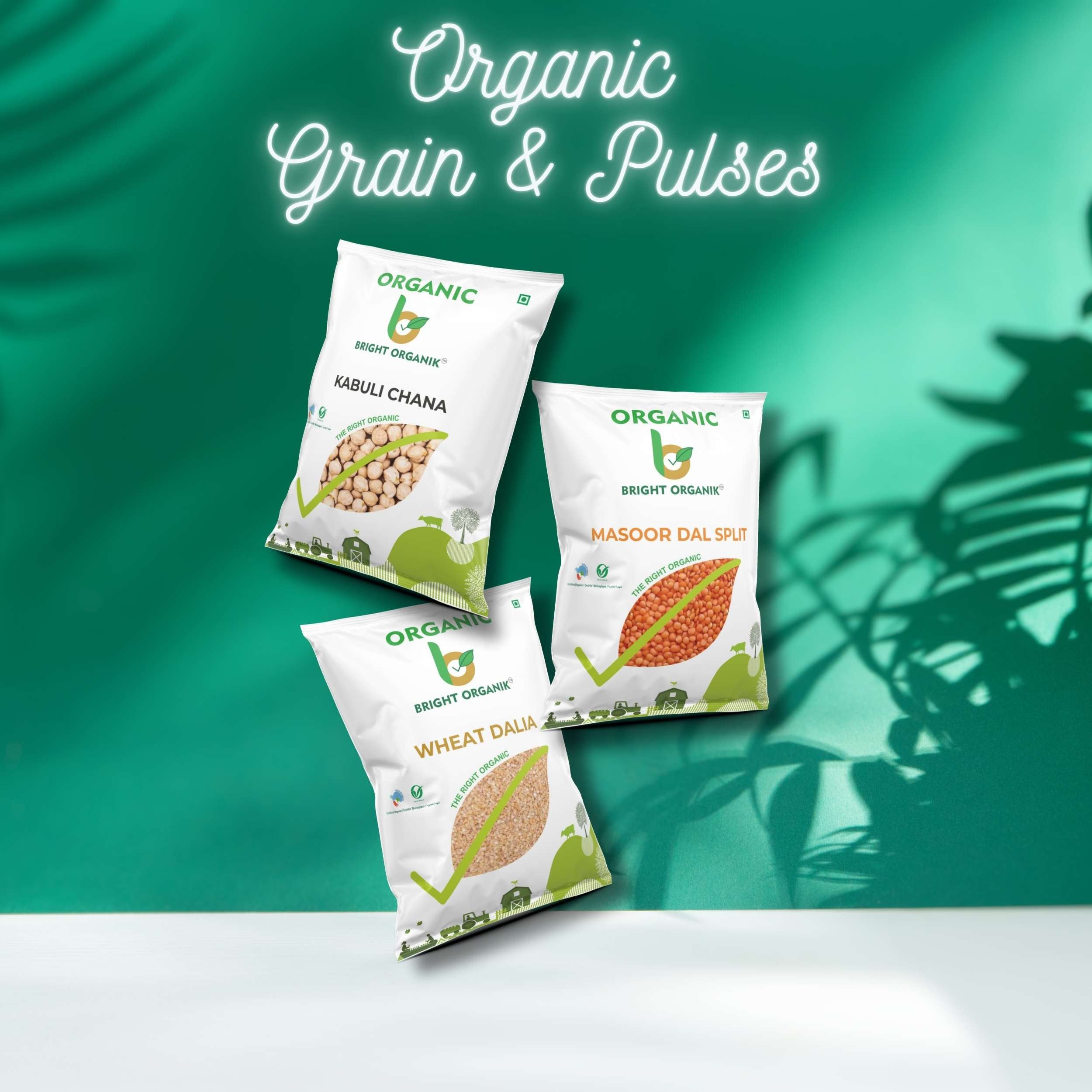 Organic grains and pulses pouches mockup dalia, masoor, kabuli chana