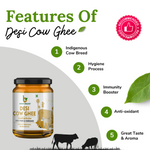 Load image into Gallery viewer, features of bright organik cow ghee indegenious, hugiene, anti oxident, immunity booster, tasty and aromatic
