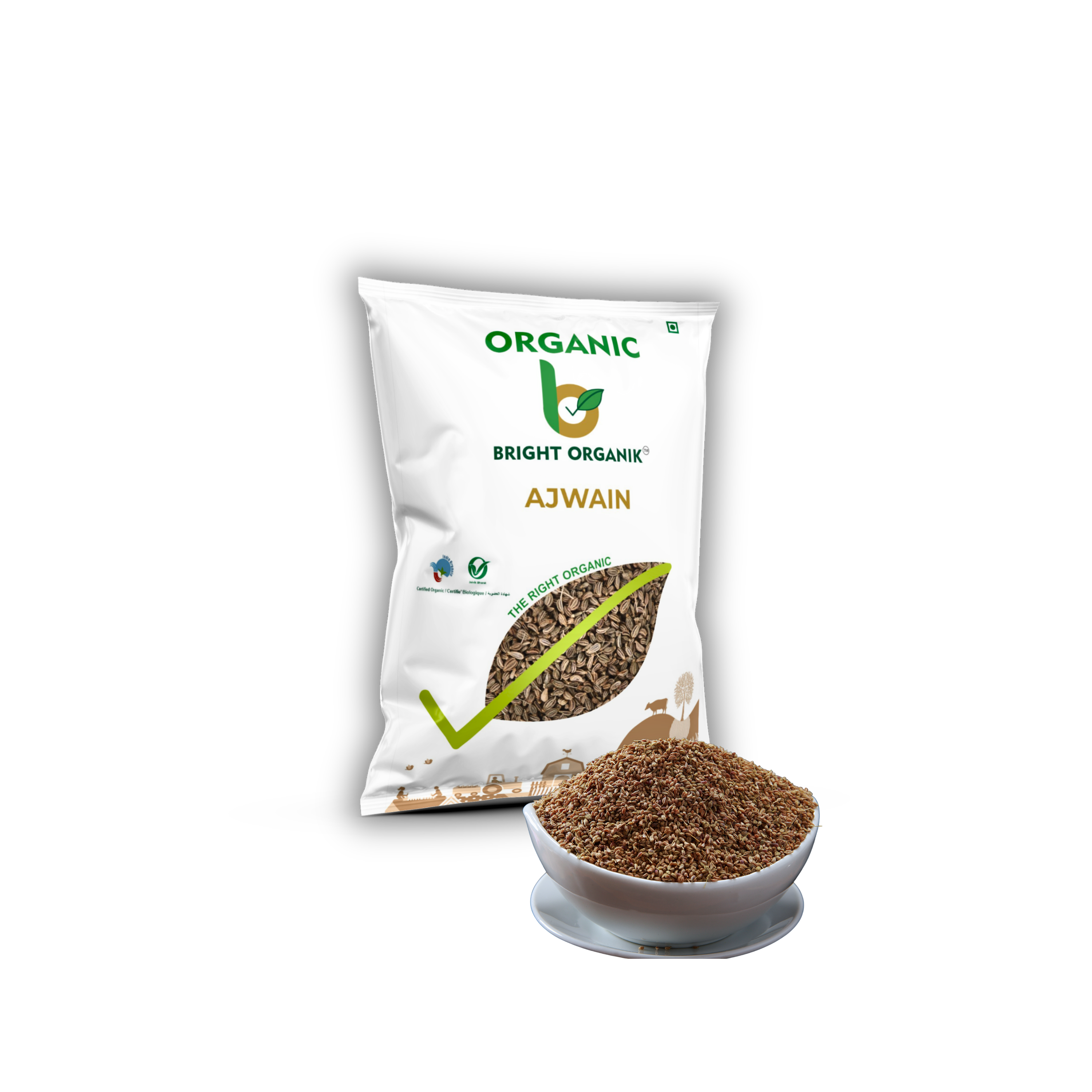 organic ajwain in a bowl with packet of ajwain in background