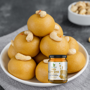Besan laddu with topping of cashew made with Bright Organik Ghee